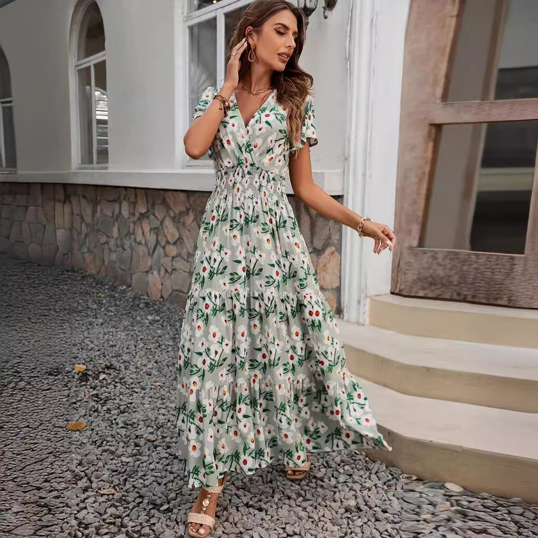 Dame Floral Print Maxi Kjole med rynket liv og flagrende ærmer Stilla