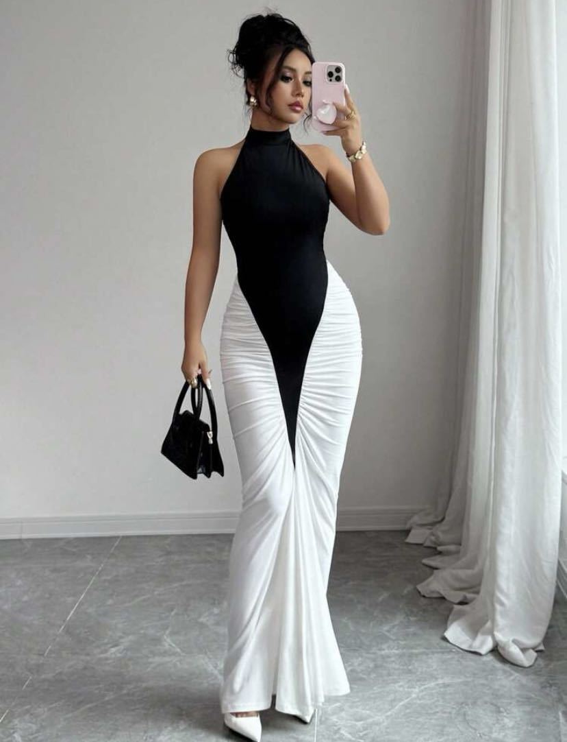 Dame Elegant, figursyet aftenkjole med kunstsilke-drapering Skovae