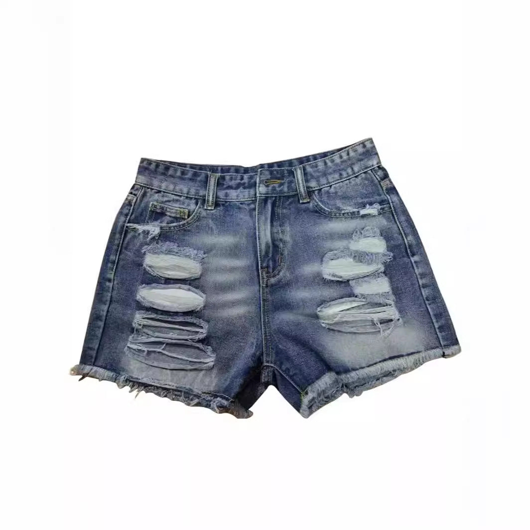 Dame trendy Destroyed Denim-shorts med frynsede kanter og fashionable huldetaljer Skovae
