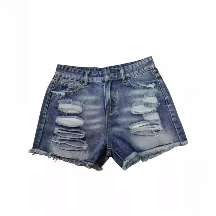 Dame trendy Destroyed Denim-shorts med frynsede kanter og fashionable huldetaljer Skovae