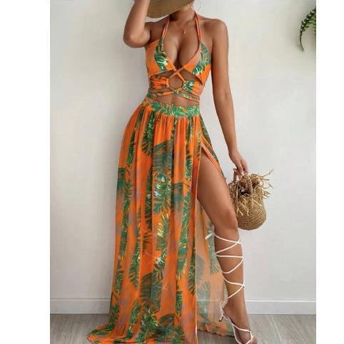 Dame Tropisk Print Maxi Kjole Sæt med Cut-Out Top Stilla