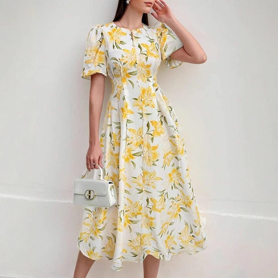 Dame Blomster Puffærme Midi Kjole Stilla