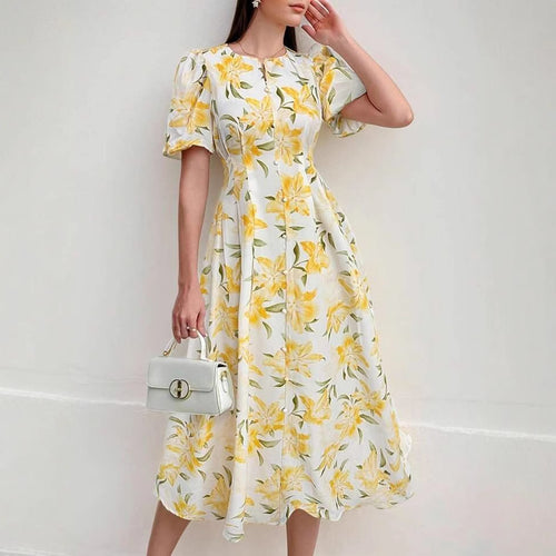 Dame Blomster Puffærme Midi Kjole Stilla