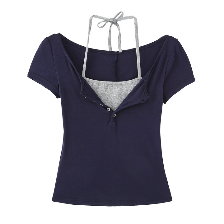 Dame Cropped T-shirt med justerbare spaghetti-stropper og knapdetaljering Stilla