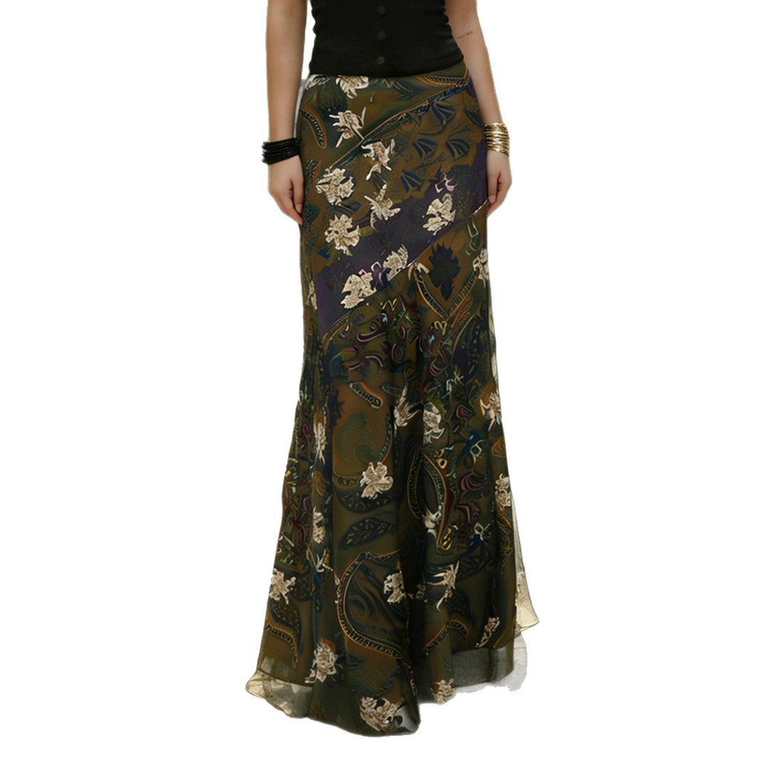 Dame Lang, elegant nederdel i vintage-stil med blomsterdesign og flydende snit Skovae