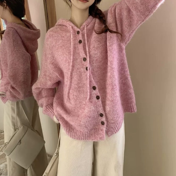 Dame Oversized Strik-Hoodie-Cardigan med Knapdetalje Stilla