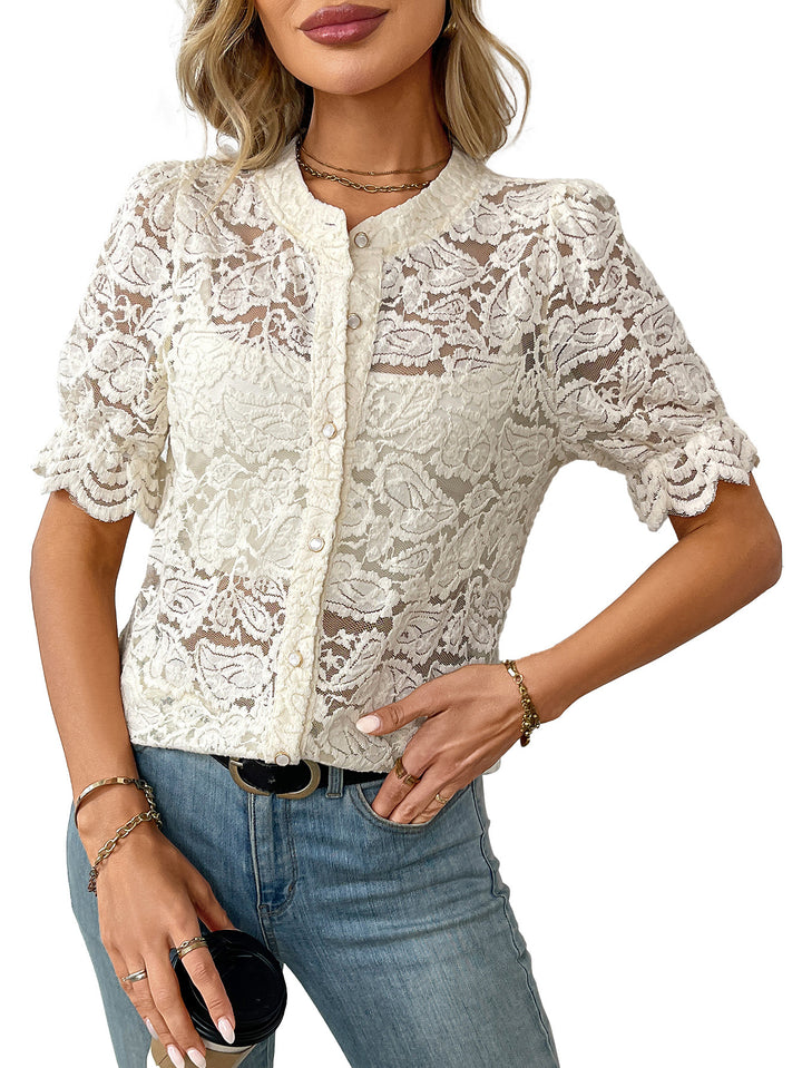 Dame elegant spidsbluse med knapliste og krøllede ærmer Stilla