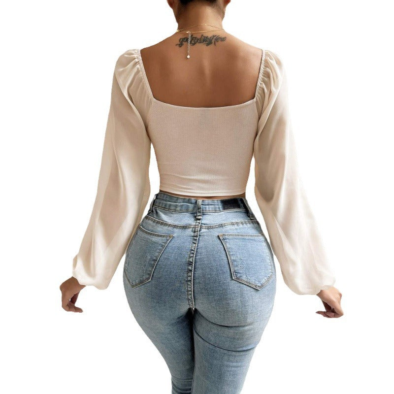 Dame Elegant Crop-top med puffede ærmer og snøremuligheder Stilla