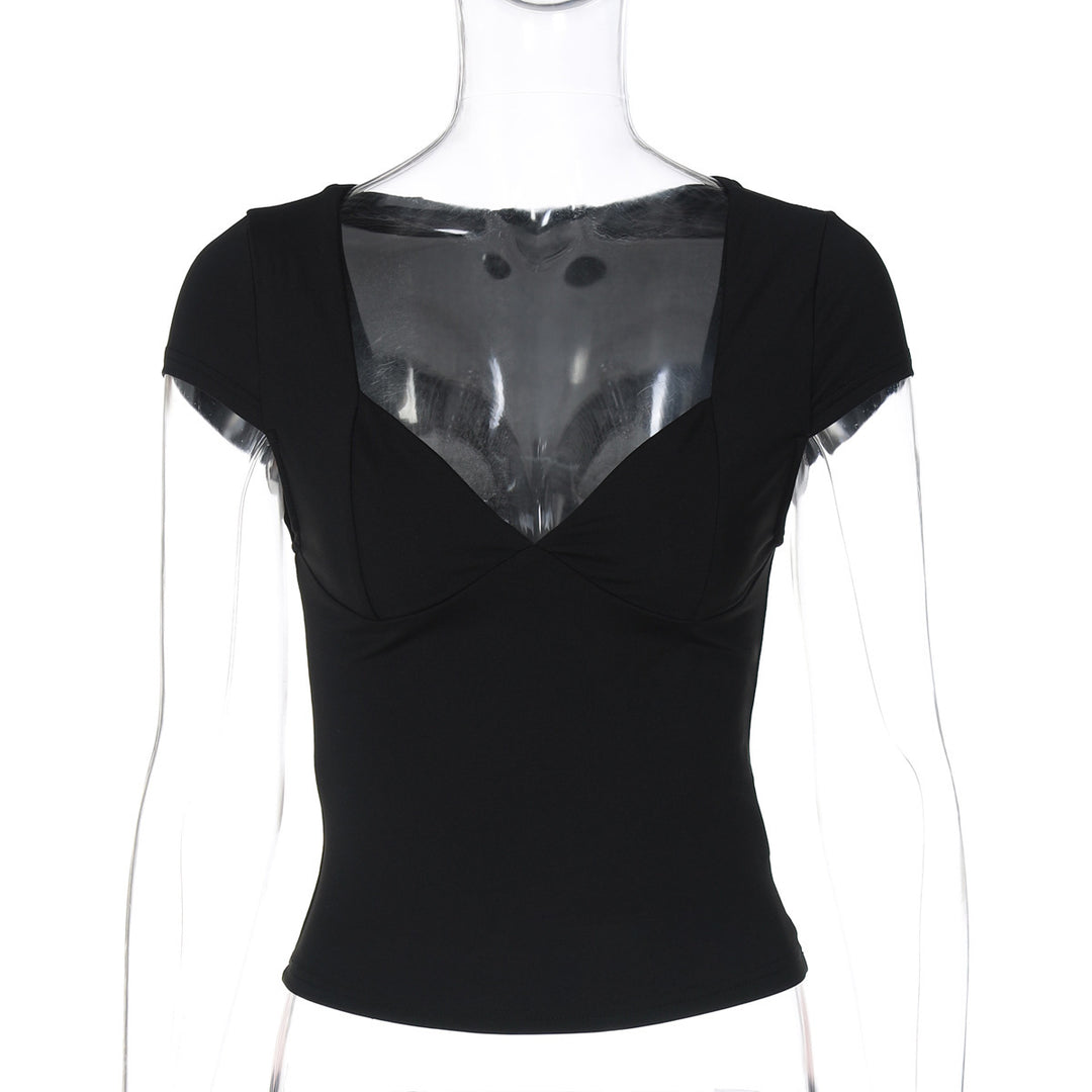 Dame Elegant Korte-ærmet Bluse med dyb U-hals og figurformende Snit Stilla