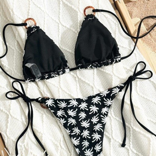 Dame Triangel-Bikini-Sæt med legesygt palmeblad-mønster og justerbare bindebånd Stilla