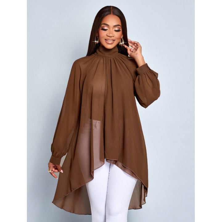 Dame Elegant Langærmet Bluse med asymmetrisk nederkant og stålkrave Skovae