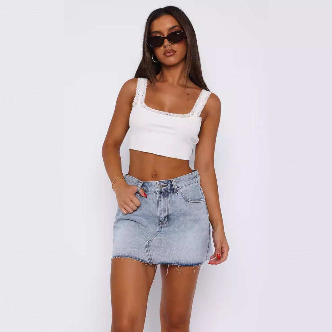 Dame-Crop-Top med hæklede kanter og minimalistsilhuet Skovae