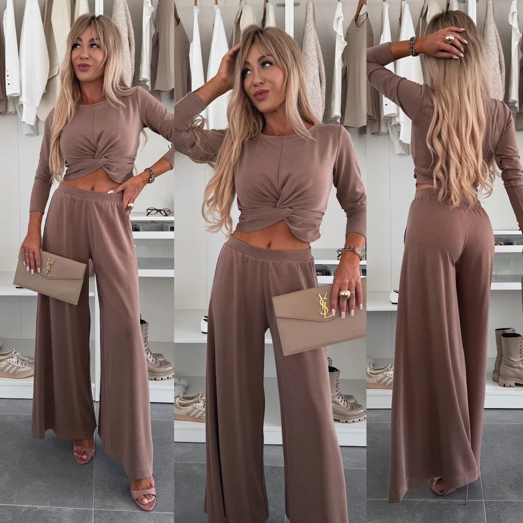 Dame moderne og elegante fritids-sæt med afslappet cropped-top og vide bukser Stilla