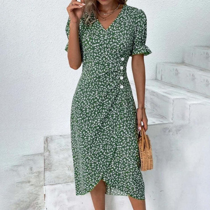 Dame Floral Print Viskestykke kjole med knapdetalje Stilla