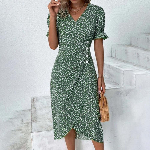 Dame Floral Print Viskestykke kjole med knapdetalje Stilla