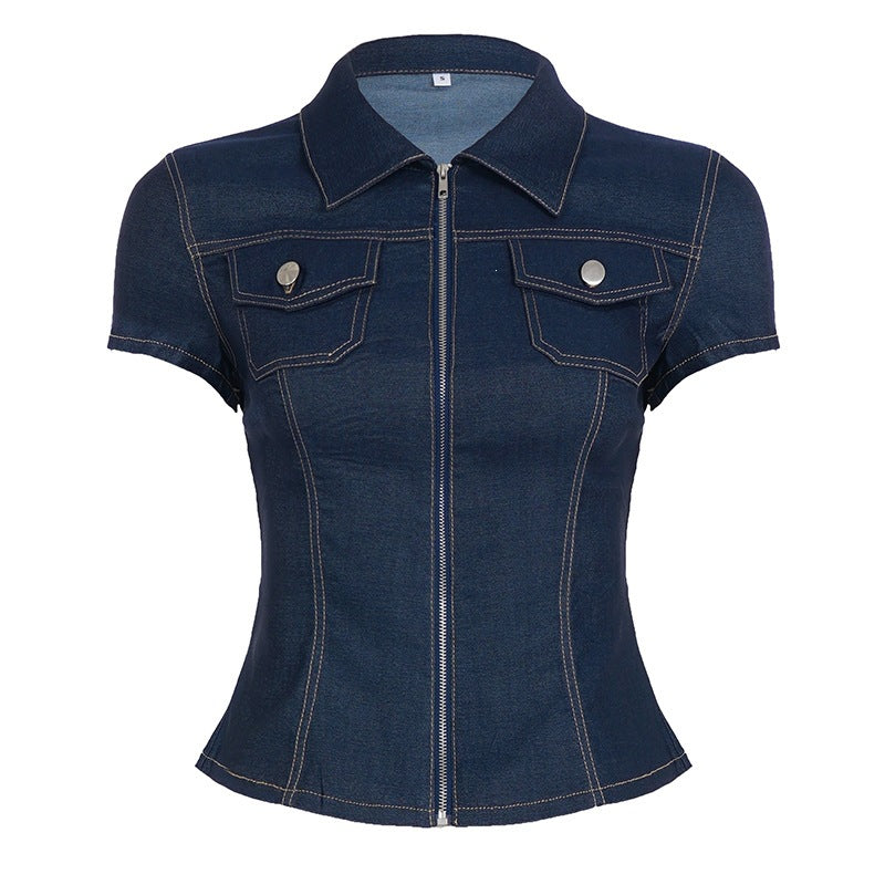 Kvinde Korte ærmer Denim-bluse med moderne Lynlås-detaljering og Brystlommer Skovae
