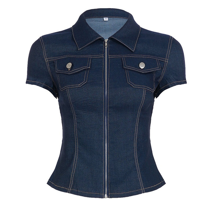 Kvinde Korte ærmer Denim-bluse med moderne Lynlås-detaljering og Brystlommer Skovae