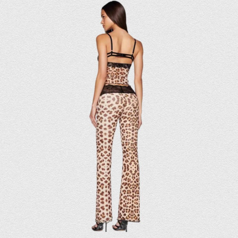 Dame leggings sæt med forførende spidse detaljer og moderne leopardprint Stilla