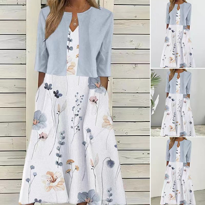 Dame maxikjole med blomsterprint og elegant kort jakke Stilla