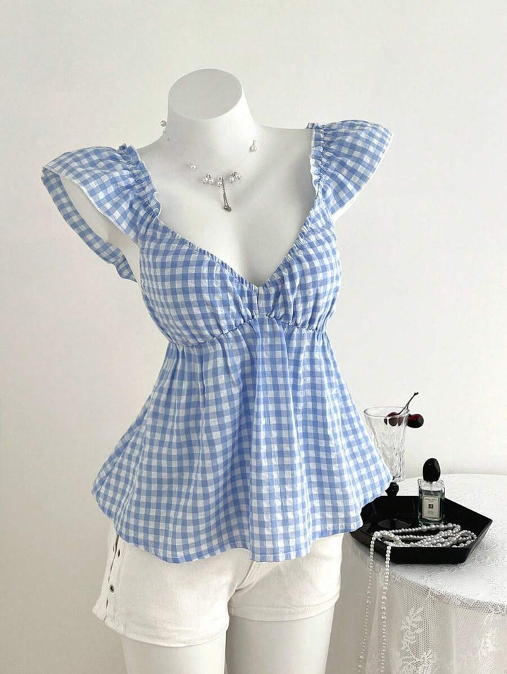 Dame luftig V-hals bluse med ruffles detaljer Skovae