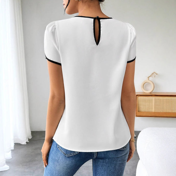 Dame elegant kortærmet bluse skjorte med moderne kontrastdetaljer Stilla