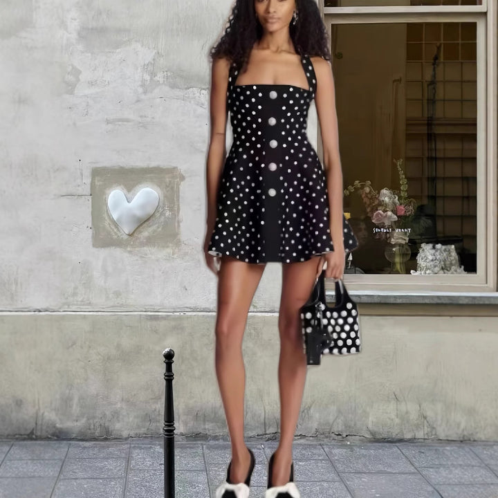 Dame Polka-Dot Kjole med komfortable stropper og knaplukning Stilla