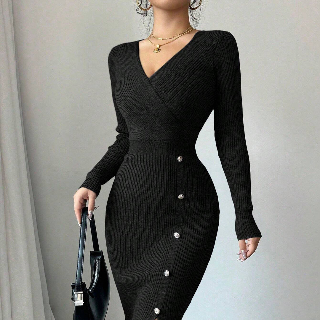 Dame Elegant Ribbet Strik-Midi-Kjole med Knapdetalje Stilla