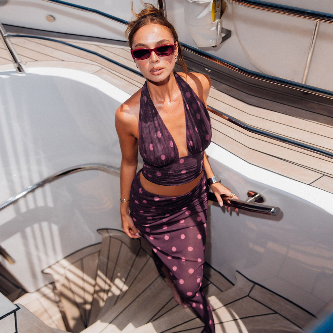 Dame Elegant Maxi kjole i Polka Dots design med dyb V-hals og figursyet silhuet Skovae