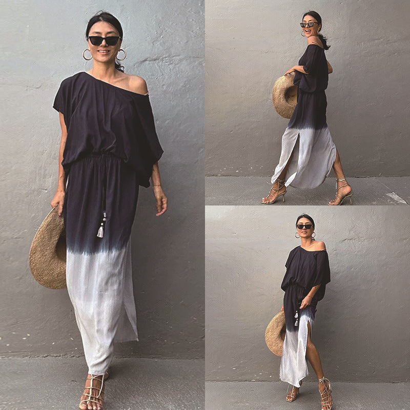 Dame Luftig Kaftan Kjole med asymmetrisk Udsnit og Bindebånd Stilla