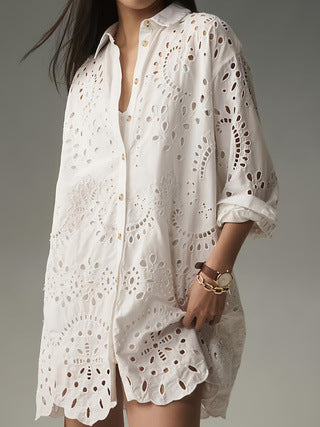 Femme Eyelet Detail Knap-Up Tunika Skjorte Stilla