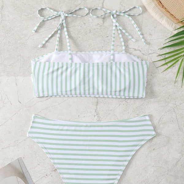 Dame Højskåret Bikini med moderigtige striber og justerbare stropper Skovae