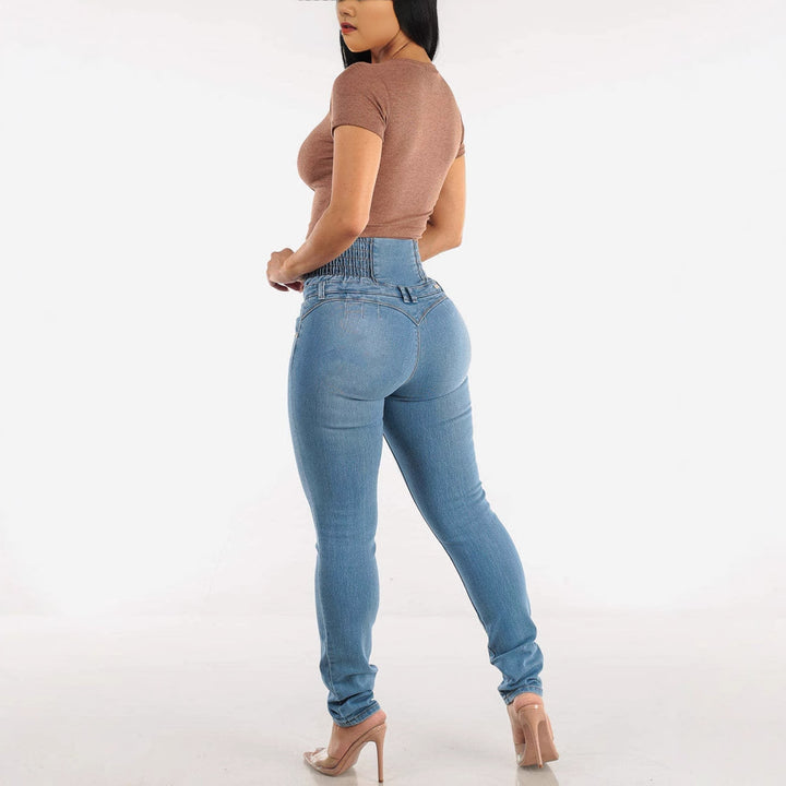 Dame High-Waist Jeans i elegant design med knaplukning og elastisk talje Stilla