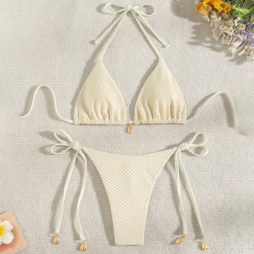 Dame triangel-bikini med struktureret top og justerbare snøre detaljer Skovae