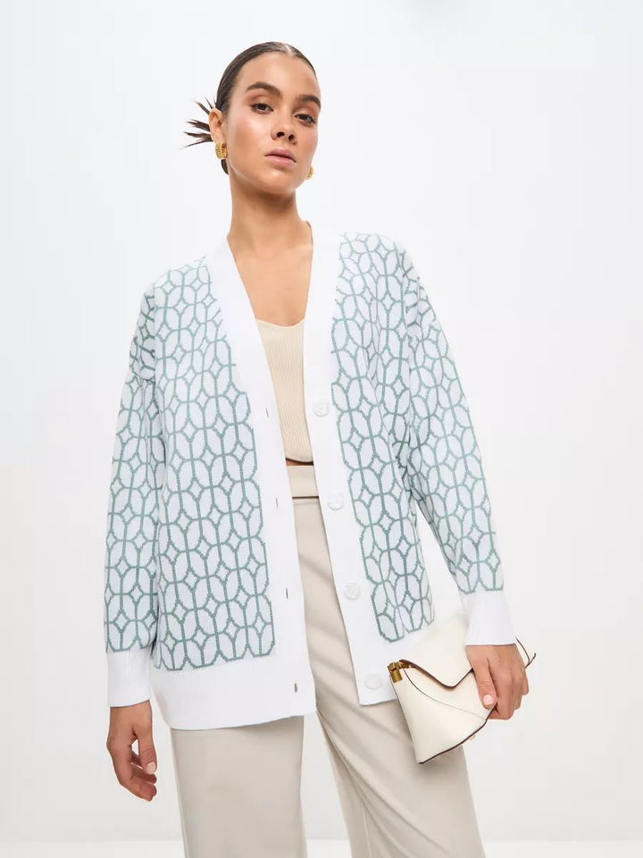 Dame strikk cardigan med moderne geometrisk mønster og behagelig pasform Stilla