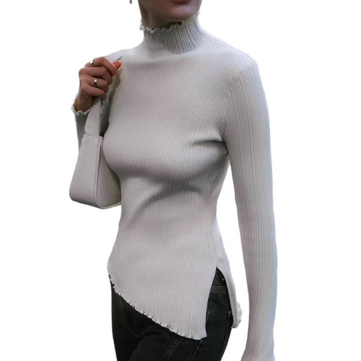 Dame elegant finribbet top med høj krave og asymmetrisk snit Stilla