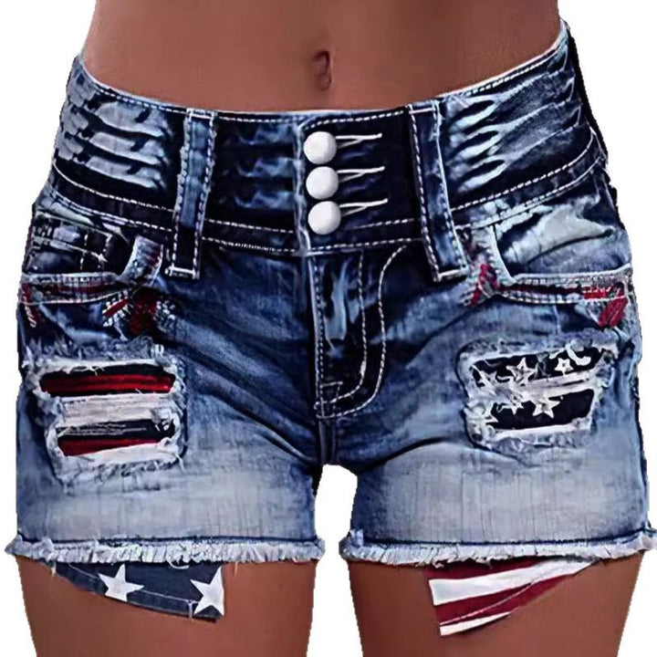 Dame Trendy Jeansshorts med frynset detaljer og patriotiske motiver Stilla