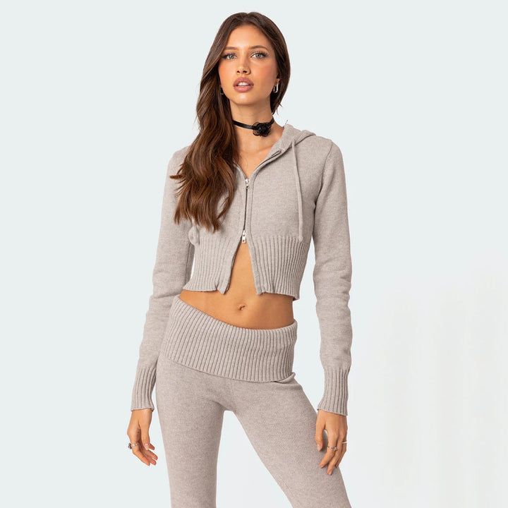 Damer fashion cropped strik sæt med flared bukser Stilla