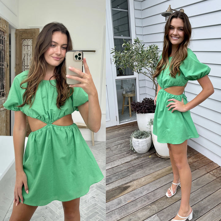 Damer sommerkjole med cut-out og puffærmer Stilla