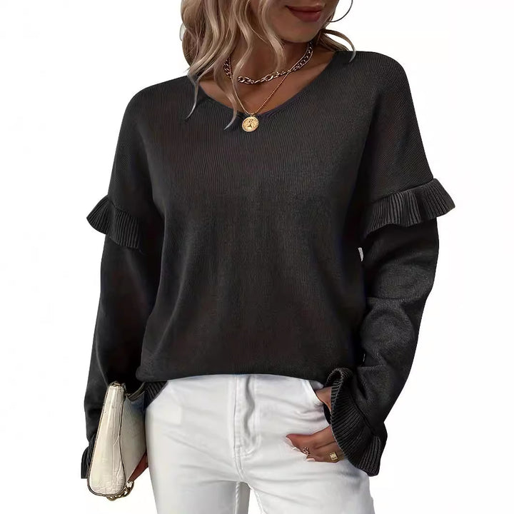 Dame sweater med flæsedetaljer og V-hals Stilla
