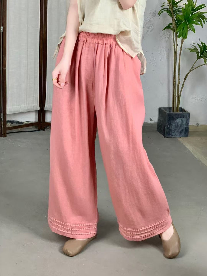 Femme Højskåret Løs Linned Culottes med Dekorativt Bånd Stilla