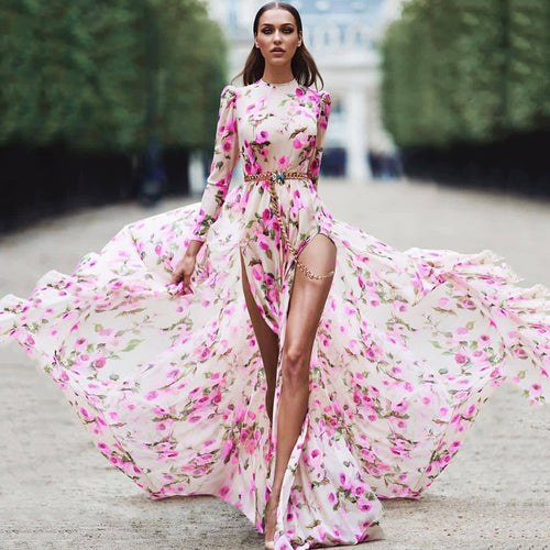 Dame Maxi-kjole med blomsterdesign og side split Stilla