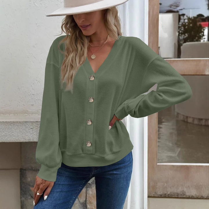 Dame Fashionable Vaffelstruktur Strikjakke med Knappeliste Stilla