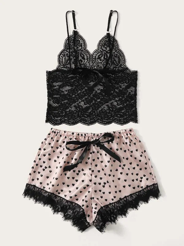Dame Lace Crop-Camisole og Satin-Shorts Sæt Stilla