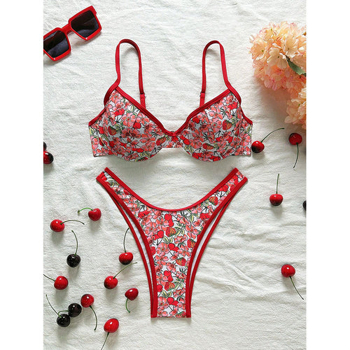 Dame Push-Up Bikini med blomsterdesign og justerbare stropper Skovae