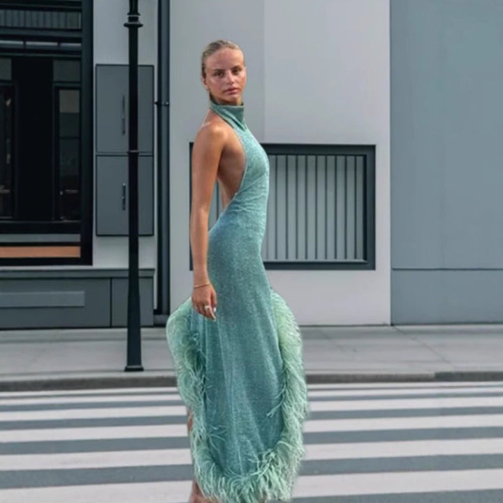 Dame Glamourøs Aftenkjole med glitrende palietter og eksklusive fjerdetaljer Stilla