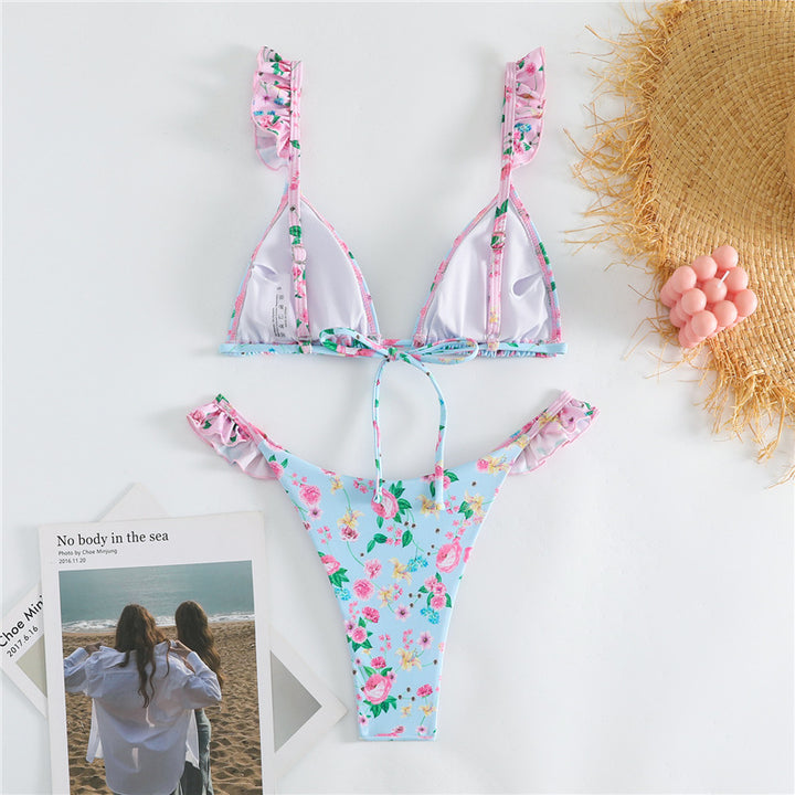 Dame bikini sæt med volangdetaljer og blomstermønster Stilla