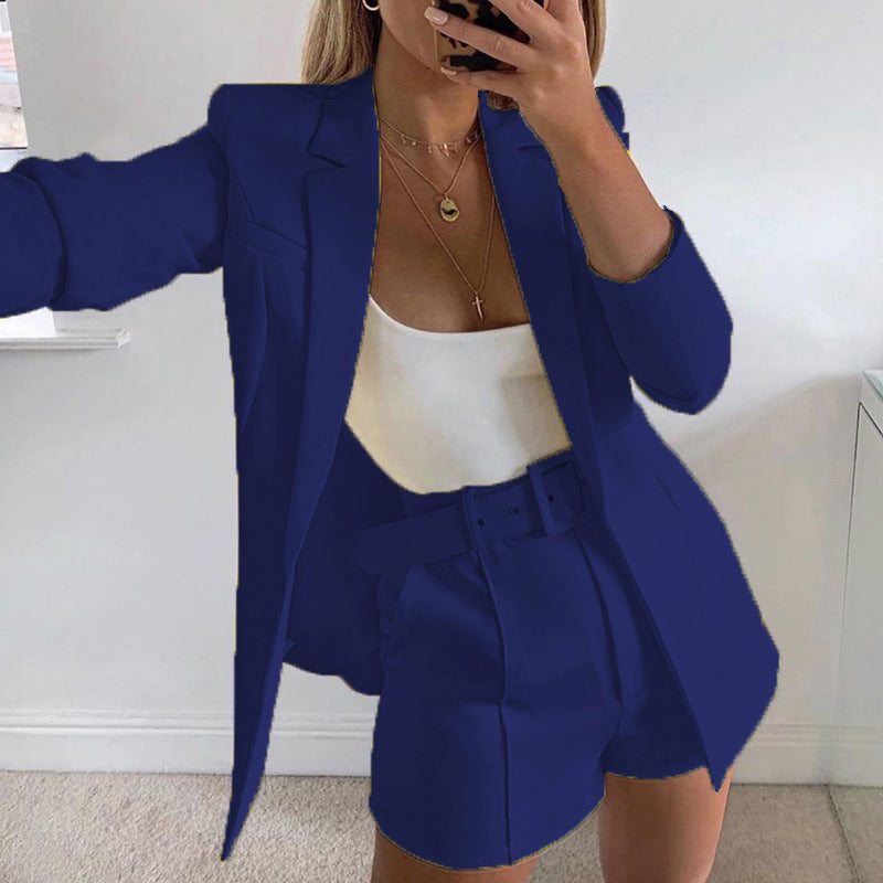 Dame afslappet blazer-shorts-sæt med taljebælte Stilla