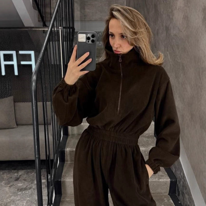 Damer hyggelig fleece-jumpsuit med lynlås og elastisk bånd Stilla