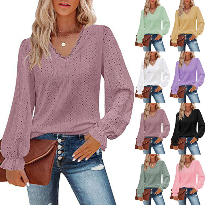 Dame elegant bluse med flæse detaljer og V-udskæring Stilla