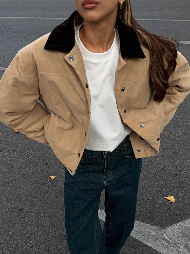 Dame mode Oversized-jakke med fløjlskrave og trykknaplukning Stilla